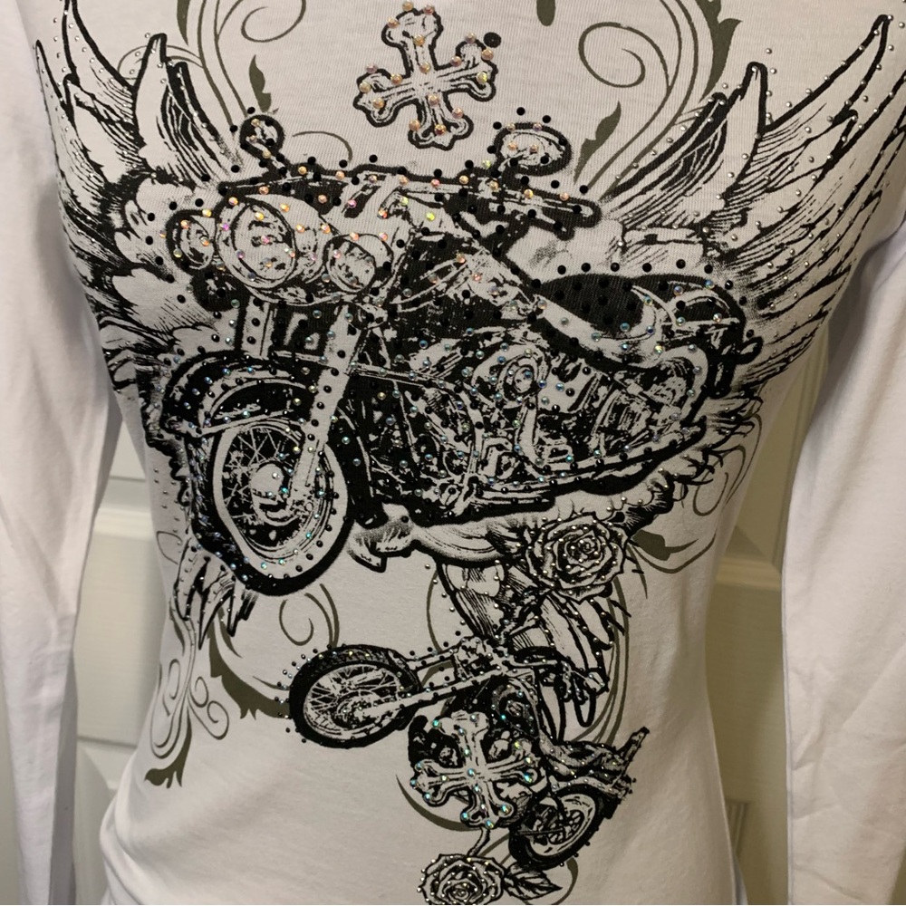 LA Motorcycle Rhinestone Hooded Long Sleeve Top - Picture 2 of 4